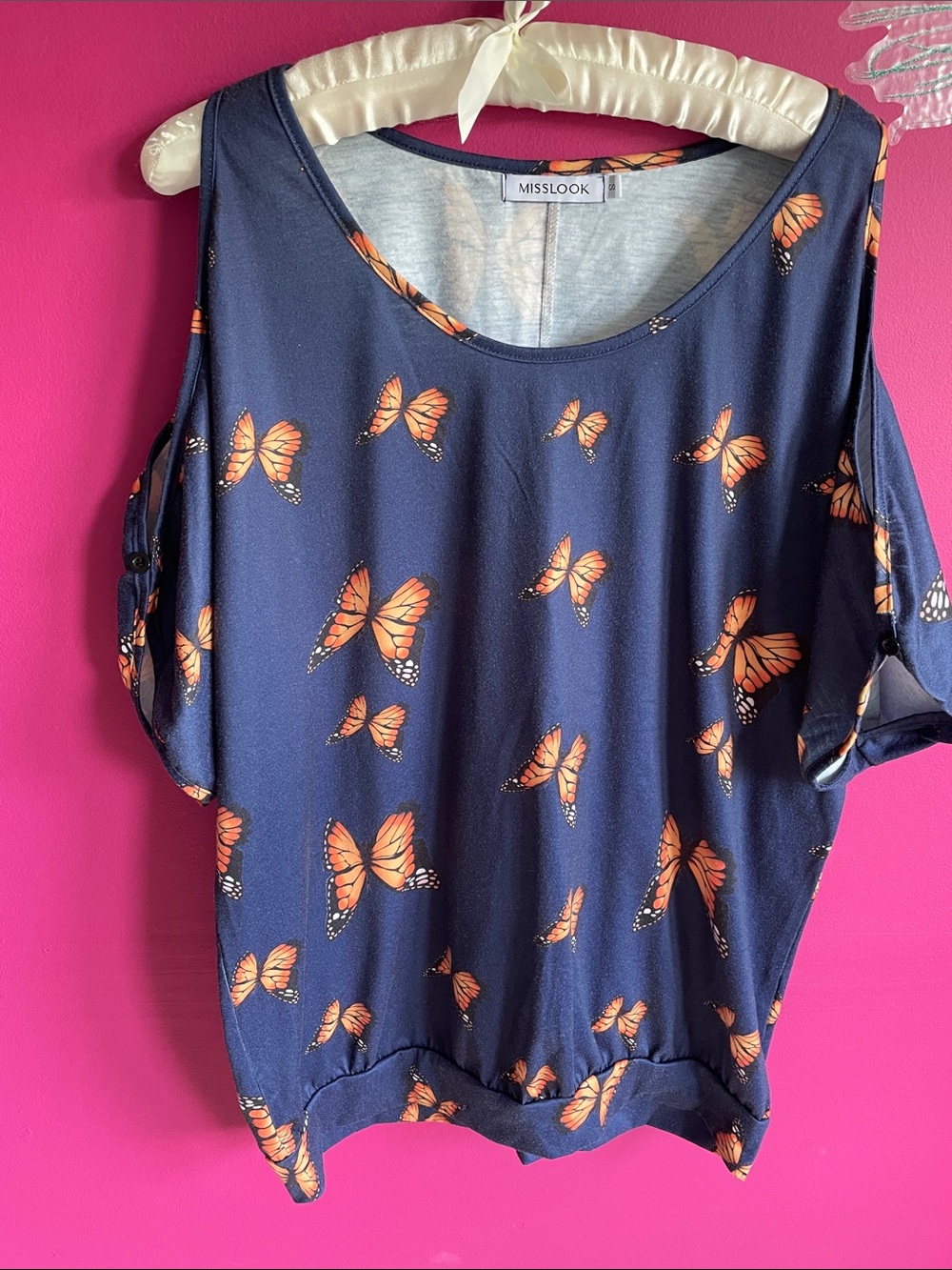🦋MISSLOOK Navy open Shoulder Top with Orange Butterfly Print 🦋